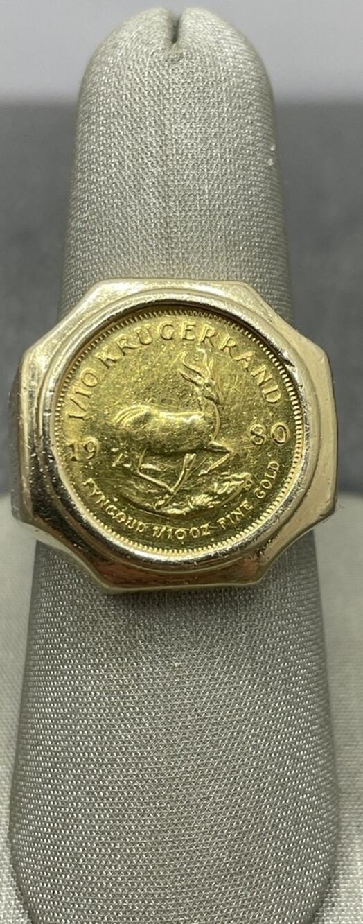 14K Yellow Gold Bark Texture Ring W/ 1980 1/10th oz Krugerrand Coin (21764)